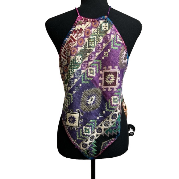New Handmade Diamond cut halter. Adjustable ties. Multi Colored Design, Small - Picture 4 of 9